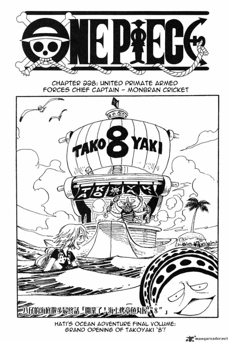 One Piece, Chapter 228 - United Primate Armed Forces Chief Captain-Monbran Cricket image 01